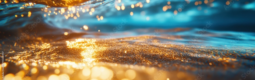 Poster macro view showcases intricate patterns of sand grains illuminated by sunlight beneath shallow water
