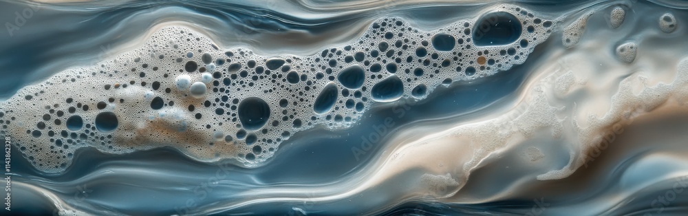 Poster Macro view of gently flowing water showcasing tiny bubbles and smooth ripples during a serene morning