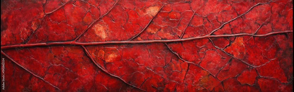 Poster close-up view of a vibrant red autumn leaf showcasing intricate textures and colors, celebrating the