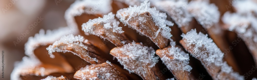 Poster macro view of a snow-covered pinecone revealing intricate textures during winter