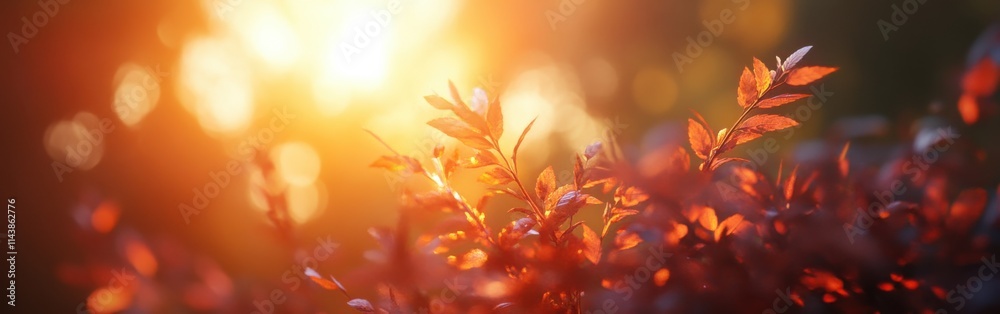 Poster Golden autumn sunset filtering through leaves in a serene forest setting
