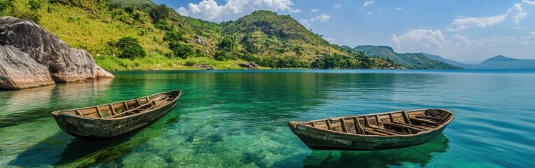 Fototapeta premium Clear waters of Lake Malawi reveal vibrant fish and scenic landscapes with traditional wooden boats under the sun