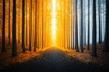Enchanted Forest Path with Glowing Orange Light Surrounded by Majestic Trees During Autumn Seasons with Unique Contrast of Colors in Nature