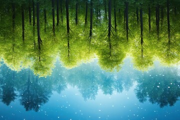 Lush Green Forest Reflected on Calm Water Surface Creating a Serene and Dreamy Landscape Under Soft Diffused Light in a Tranquil Natural Setting