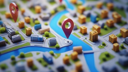 A vibrant 3D city map showcasing location markers, buildings, and waterways, depicting a lively...