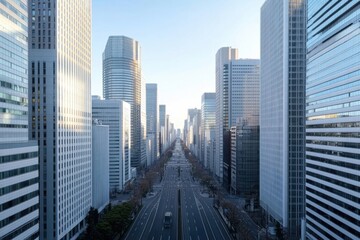 Obraz premium Aerial View of a Wide City Street Surrounded by Modern Skyscrapers Under Clear Blue Sky During Daytime in a Bustling Urban Environment