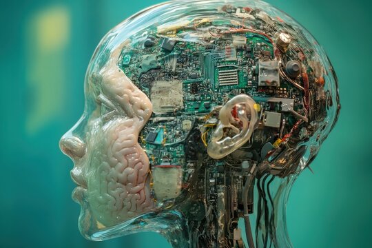 A detailed side view of a human brain merged with futuristic circuits and components