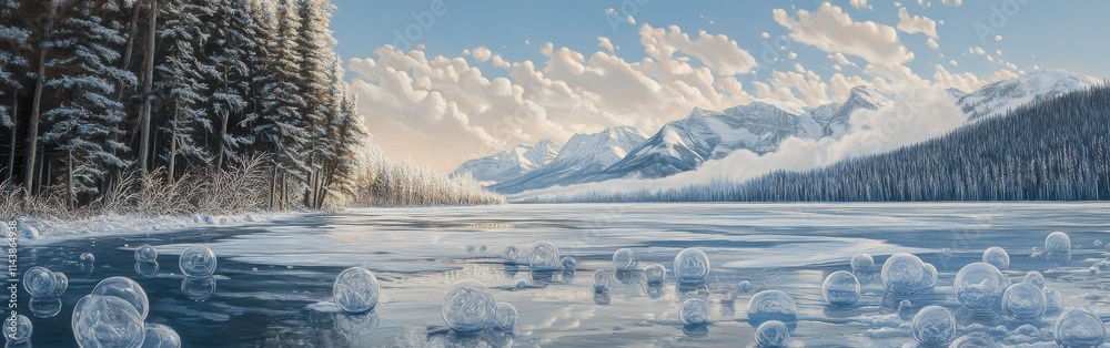 Poster unique ice formations on frozen lake abraham in alberta under a clear sky