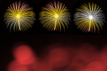 Firework and blurred bokeh light with copy space in Christmas and New Year. Abstract background holiday concept.
