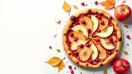 Autumnal Fruit Pizza with Red Berries and Fall Leaves on White Background
