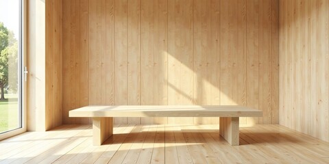Serene Minimalist Interior Featuring a Simple Wooden Bench Against a Light Wood Panel Wall