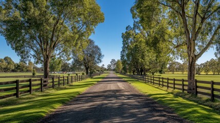 Sunlit country lane with trees and fences.