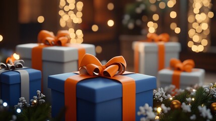 Colorful gift boxes with orange bows, surrounded by holiday decorations, creating a festive and joyful atmosphere.