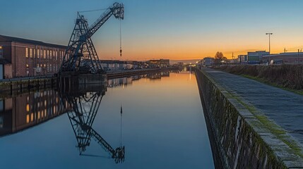 Obraz premium Industrial Crane at Dawn Reflecting in Water Channel with Calm Surface and Surrounding Buildings Under Soft Sunrise in Urban Landscape
