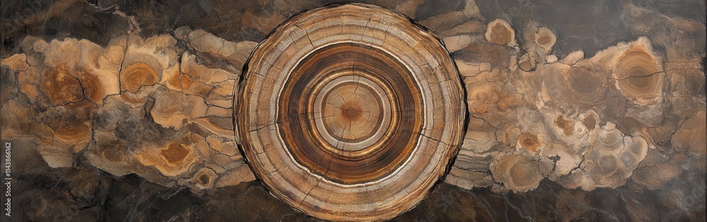 Poster intricate details of a split log revealing growth rings and natural patterns