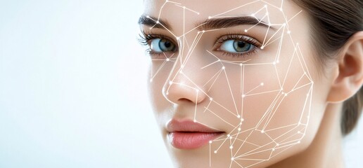 A woman's face with digital lines representing facial recognition technology.