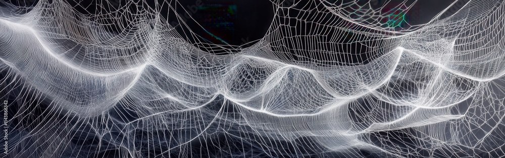 Poster intricate spider silk captures light in a mesmerizing web design in a quiet forest setting