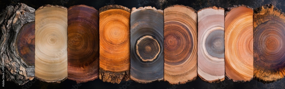 Aufkleber explore the intricate growth rings of various split logs showcasing nature's unique patterns and col