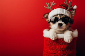 sweet little pup hanging in a chritmas stocking with christmas hat, reindeer antlers and sunglasses on