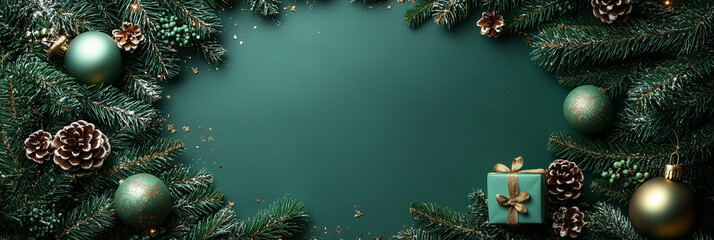 christmas background with christmas tree and decorations in a flat lay photography setting