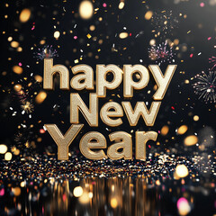 the words happy new year in 3d lettering in a blue and golden glitter background