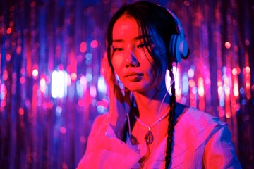close-up of a female DJ in headphones, illuminated by pink and blue lighting, with a sparkling backdrop of shimmering streamers creating a vivid, colorful atmosphere.