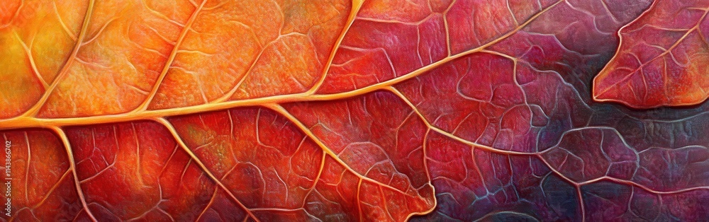 Poster vibrant close-up of a maple leaf showcasing intricate colors and details during autumn in a tranquil