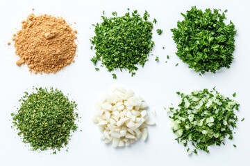 Chopped herbs and spices in powdered and fresh forms arranged in a grid on a white background, showcasing natural ingredients for culinary purposes

