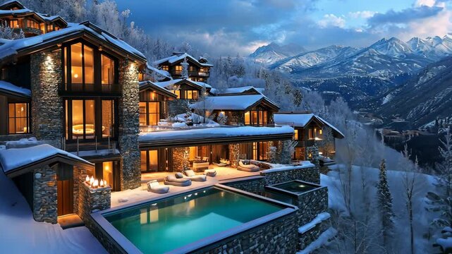 Luxury mountain chalet under twilight sky with snow-covered landscape and majestic peaks