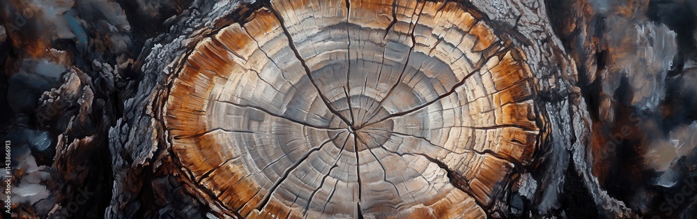 Poster close-up view of a freshly cut tree stump showcasing intricate wood patterns and textures