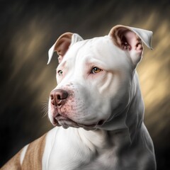 Elegant three-quarter portrait of brown and white pitbull with abstract background, powerful yet tender