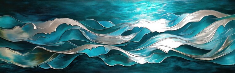 Captivating abstract representation of flowing water waves with rich turquoise and silver tones