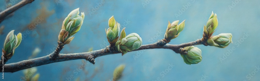Poster Spring buds unfurl on a tree branch in a vibrant display of nature's awakening in a serene setting