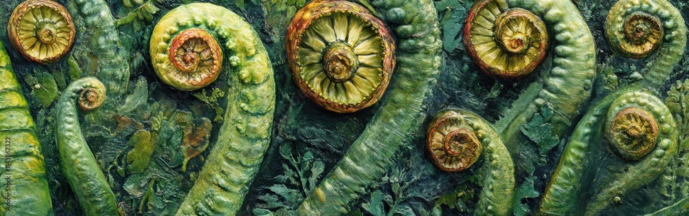 Poster ferns unfurling in vibrant spring green exhibit intricate natural patterns and textures