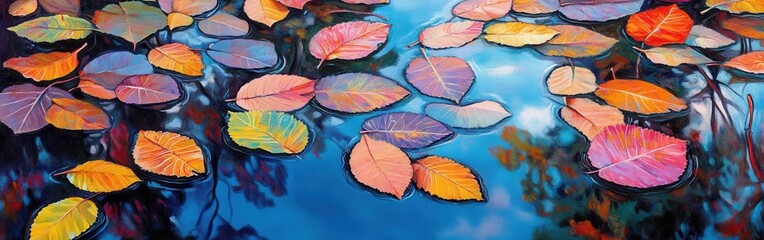 Obraz premium Colorful leaves drifting gently on a serene pond reflecting autumn hues in tranquil waters