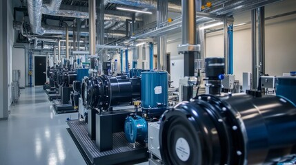Modern industrial facility interior with rows of machinery and pipes.