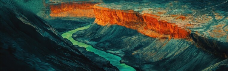 Naklejka premium Colorado River carves through the breathtaking landscapes of the Grand Canyon at sunset showcasing vivid colors and dramatic cliffs