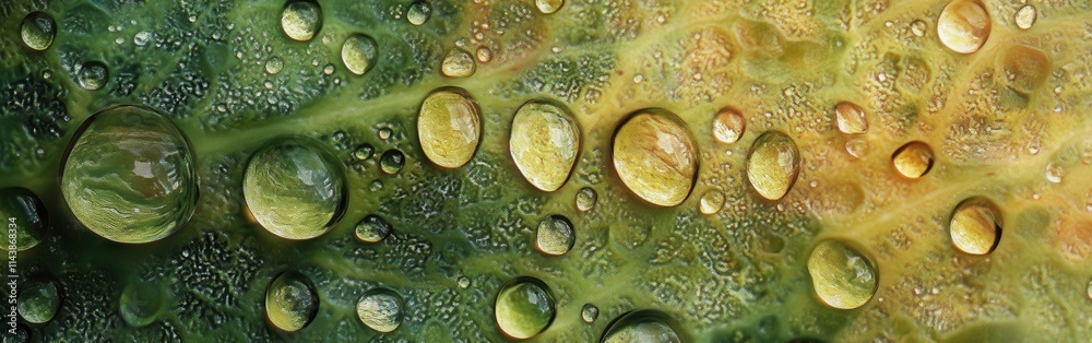 Poster close-up captures of water droplets on a vibrant green leaf displaying intricate details and texture