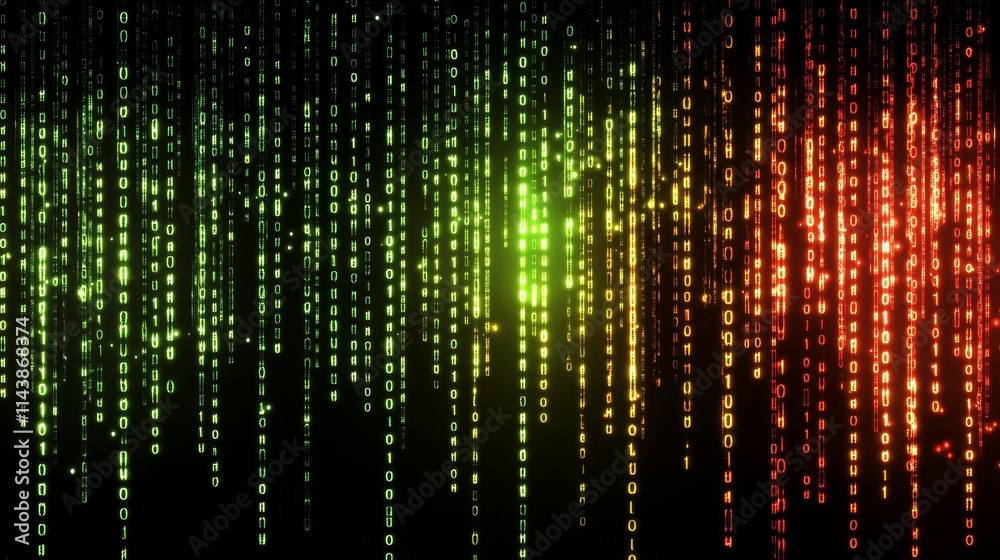 Poster a visual representation of binary code cascading in green, yellow, and red hues.
