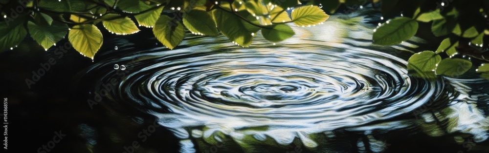 Poster close-up capture of summer rainfall creating ripples on leaves and water