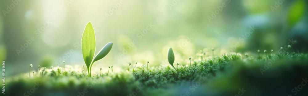 Poster Close-up view of spring moss showcasing tiny buds under soft morning light in a serene forest setting