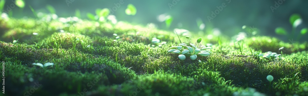 Aufkleber close-up view of vibrant spring moss with tiny buds growing in a lush forest setting during early mo