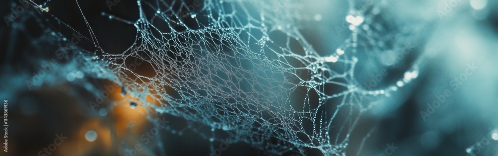 Poster Close-up view of an intricate spiderweb glistening with dew in a natural setting at dawn