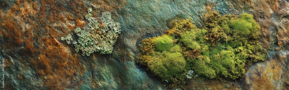 Poster close-up view of vibrant green moss thriving on a weathered rock surface in a damp environment
