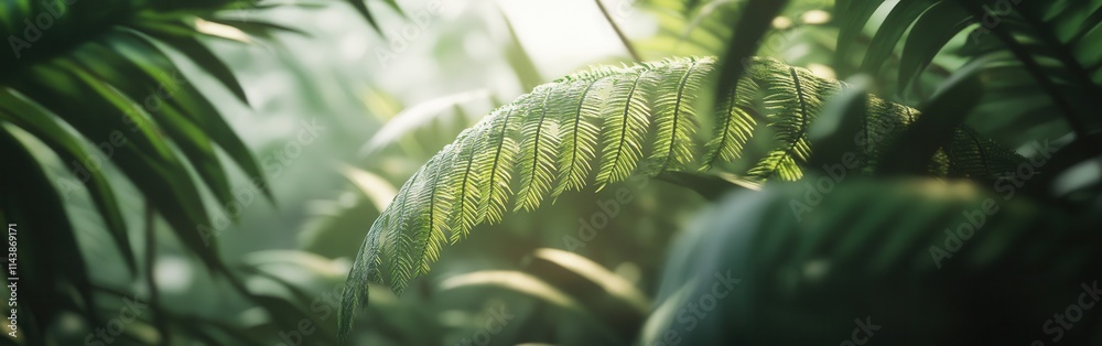 Aufkleber Close-up view of fresh fern leaves displaying intricate veins in a natural setting during golden hour
