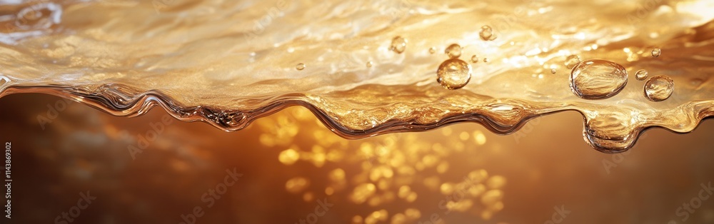 Poster close-up view of dripping water capturing tiny bubbles against a warm golden background in nature