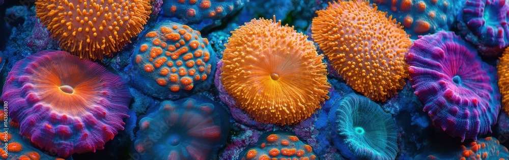 Poster close-up view of vibrant coral polyps in their natural habitat showcasing intricate textures and col