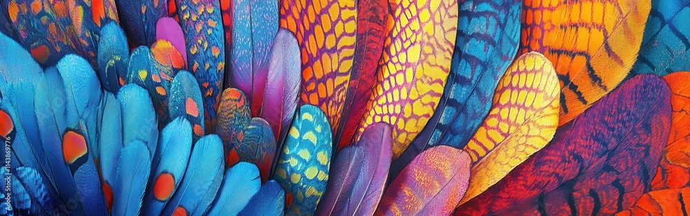 Poster Vibrant close-up of colorful feathers showcasing nature's artistry in a spectacular array of hues and patterns