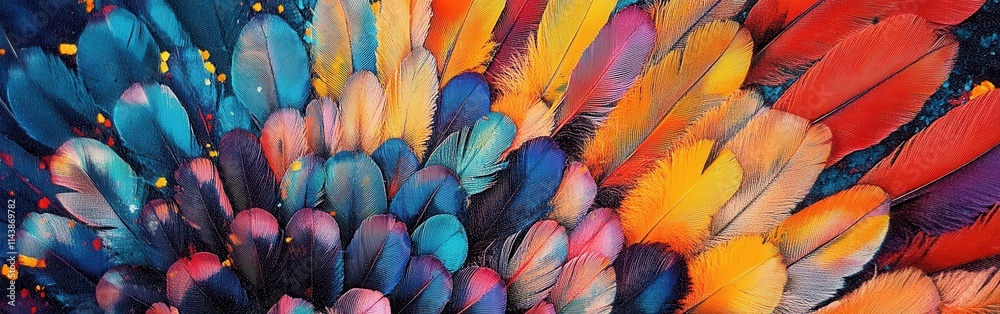 Poster colorful feathers arranged in harmonious patterns showcasing vibrant hues and intricate details