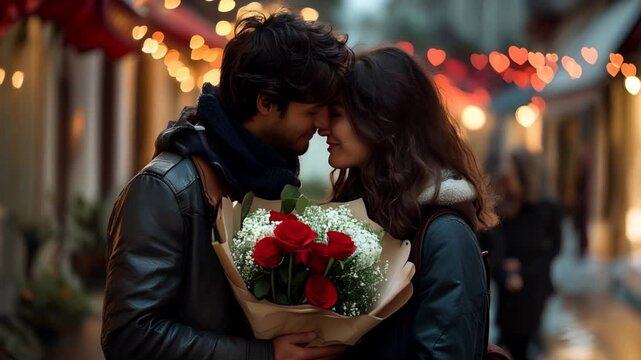 The scene of a couple lover with a bouquet of flowers with kissing in the romantic park at night,valentine concept.